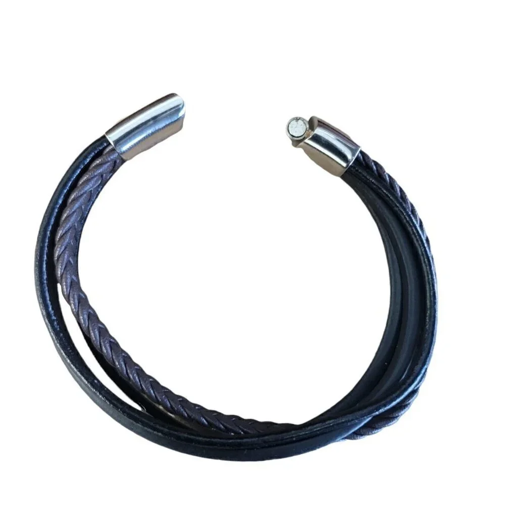 MEN'S Simone Black/Brown Leather Braided Bracelet In Stainless Steel. 8.5